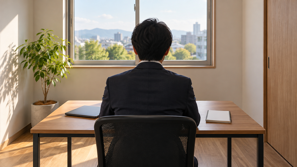 窓に向かって座る事務所代表を背後から見た様子